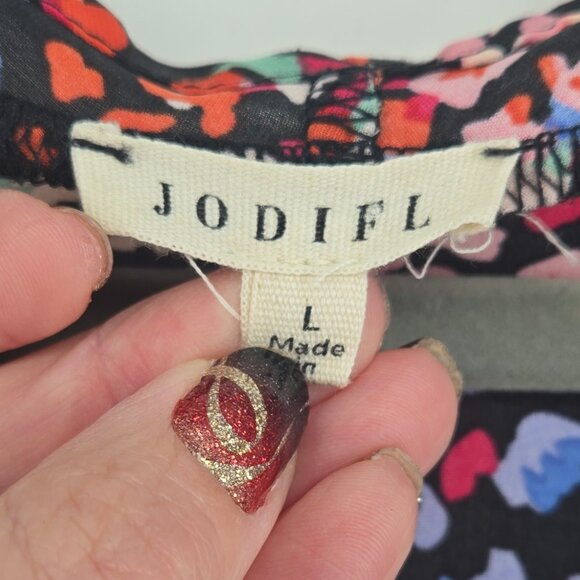 JODIFL Abstract Print Short Sleeve Flowy V Neck Blouse - L Multi Color - Picture 4 of 5